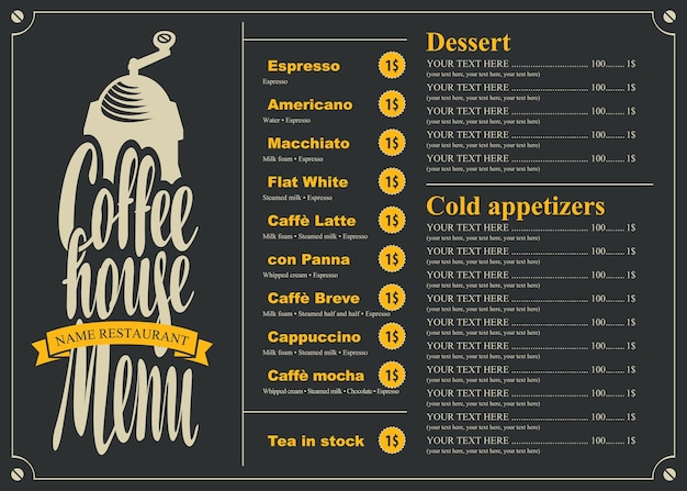 Menu with price list for the coffee house