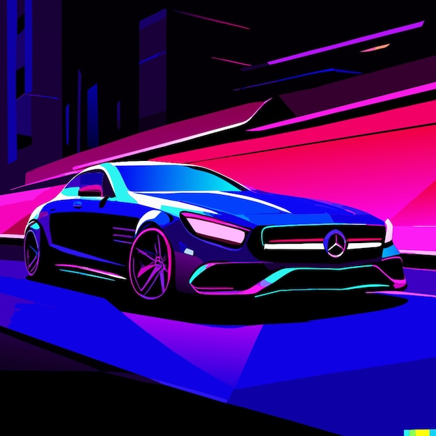 mercedes new sport car modified low rider on the night neon light realistic photo vector