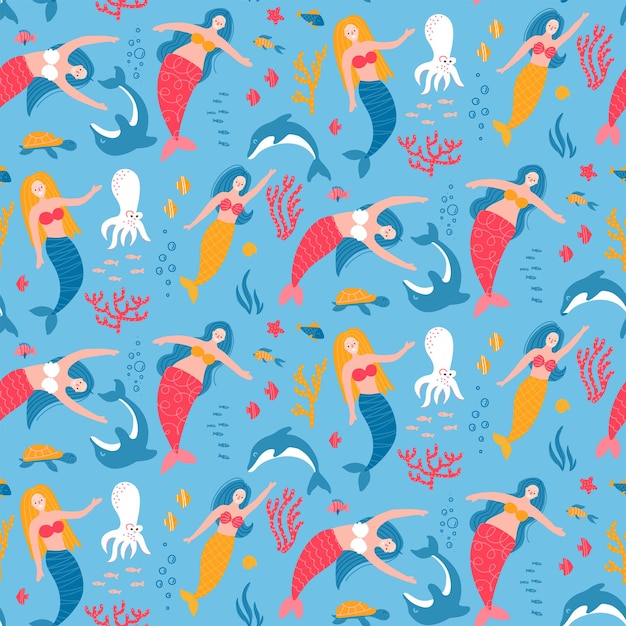 Mermaid and animal under the sea seamless pattern