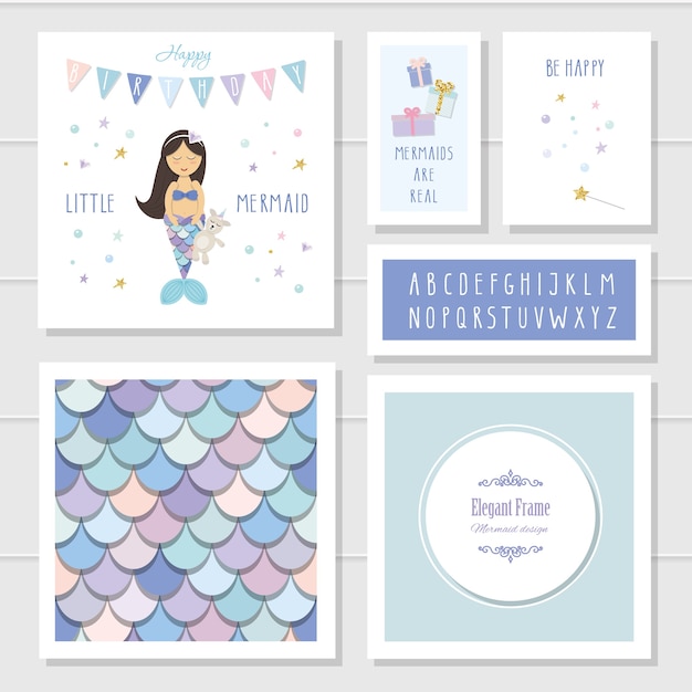 Mermaid birthday card templates set