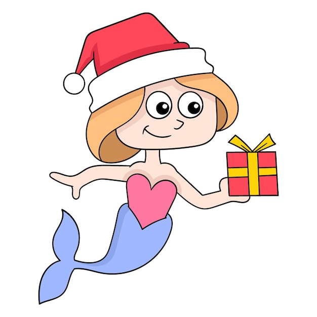 Mermaid celebrating christmas bringing gifts doodle icon image kawaii