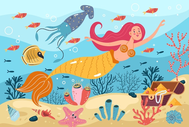 Mermaid character swimming on sea bottom underwater concept flat graphic design illustration