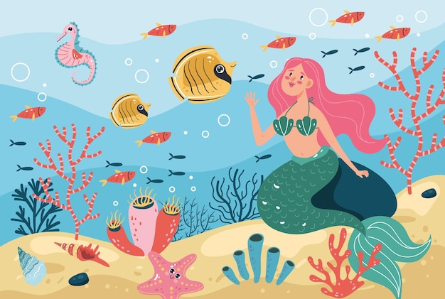 Mermaid character swimming on sea bottom underwater concept flat graphic design illustration