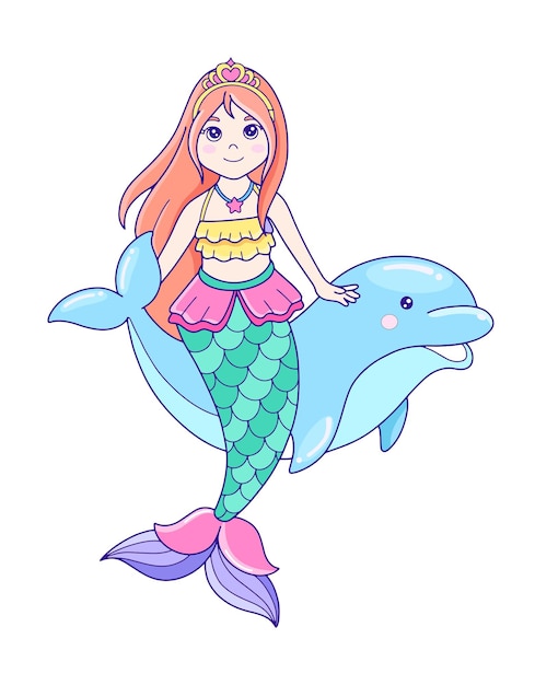 Mermaid and dolphin cartoon illustration