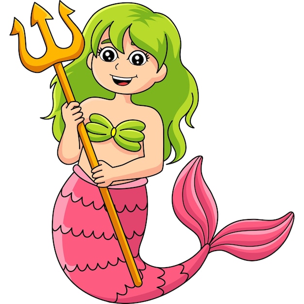 Mermaid Holding Trident Cartoon Colored Clipart