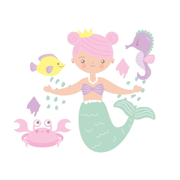 Mermaid illustration with crab and sea horse cartoon. vector design