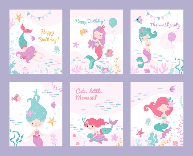 Mermaid invite cards Children invitation birthday party or postcards posters with mermaids and fish Underwater tale characters on nowaday vector baby banners