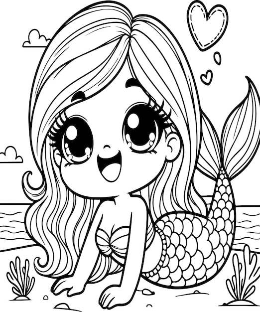 Mermaid line drawing illustration coloring page for kdp ai generated