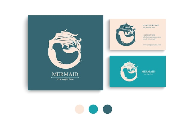 Mermaid logo Brand template vector illustration Siren and marine girl with a tail Hand drawn vector illustration for logo and poster