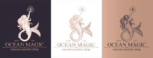 Mermaid logo Brand template vector illustration Siren and marine girl with a tail Vintage Hand drawn vector illustration for logo and poster