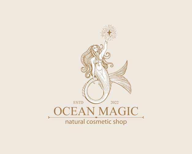 Mermaid logo Brand template vector illustration Siren and marine girl with a tail Vintage Hand drawn vector illustration for logo and poster