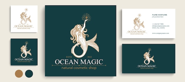 Mermaid logo Brand template vector illustration Siren and marine girl with a tail Vintage Hand drawn vector illustration for logo and poster