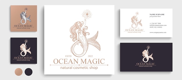 Mermaid logo Brand template vector illustration Siren and marine girl with a tail Vintage Hand drawn vector illustration for logo and poster