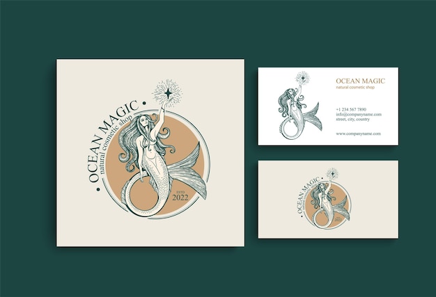 Mermaid logo Brand template vector illustration Siren and marine girl with a tail Vintage Hand drawn vector illustration for logo and poster