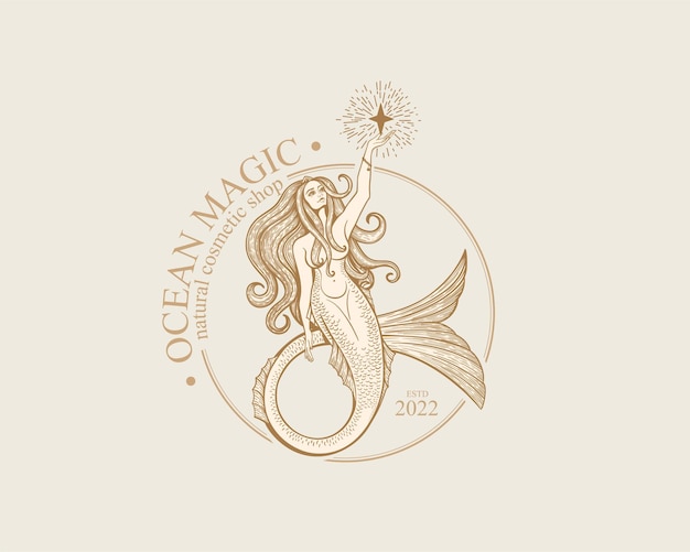 Mermaid logo Brand template vector illustration Siren and marine girl with a tail Vintage Hand drawn vector illustration for logo and poster