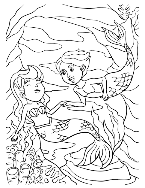 Mermaid and Merman Isolated Coloring Page for Kids