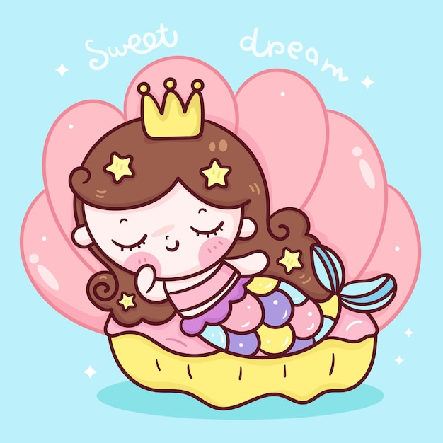 Mermaid princess cartoon sleep on shell kawaii animal