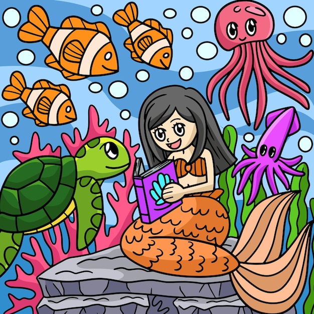 Mermaid Reading Book Colored Cartoon Illustration