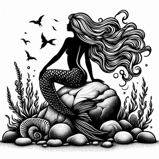 Vector mermaid rock white back white background