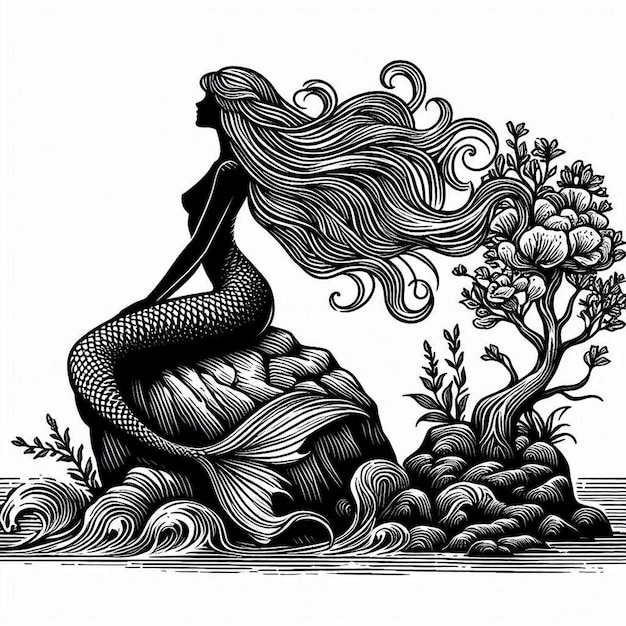 Vector mermaid rock white back white background