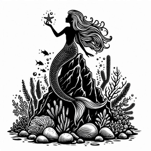 Vector mermaid rock white back white background