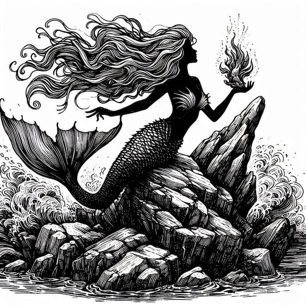 Vector mermaid rock white back white background