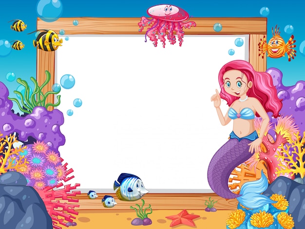 Mermaid and sea animal theme with blank banner cartoon style on white background