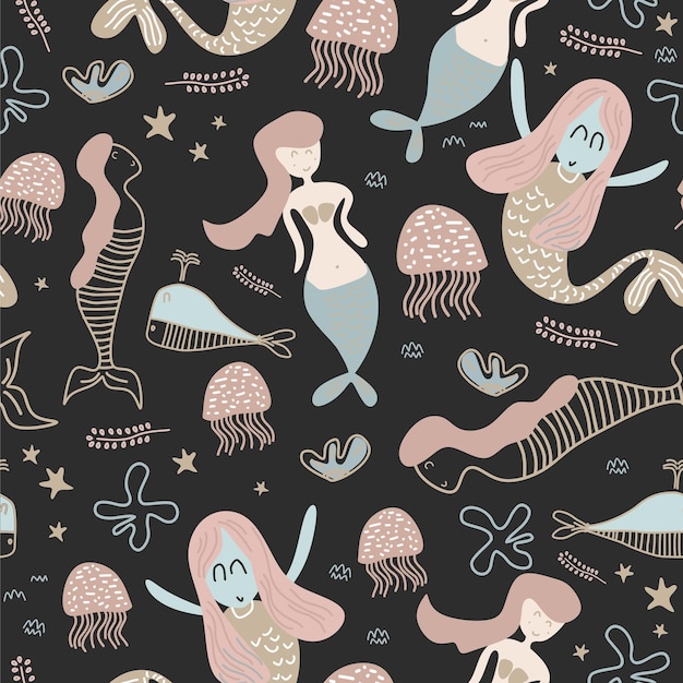 Mermaid seamless pattern cute drawing cartoon childish style