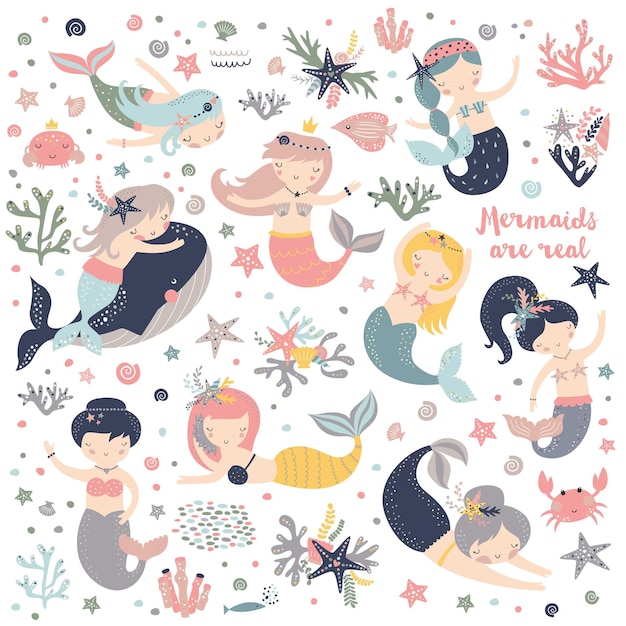 Mermaid set with cute characters isolated