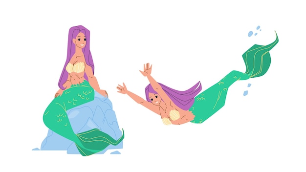 Mermaid Sit On Stone And Swim Underwater Vector