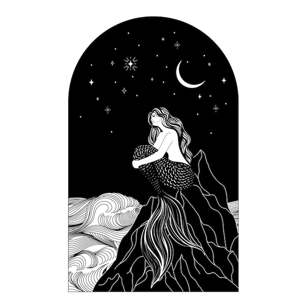 A mermaid sits on the seashore against the background of a dark sky with stars and the moon Sketch