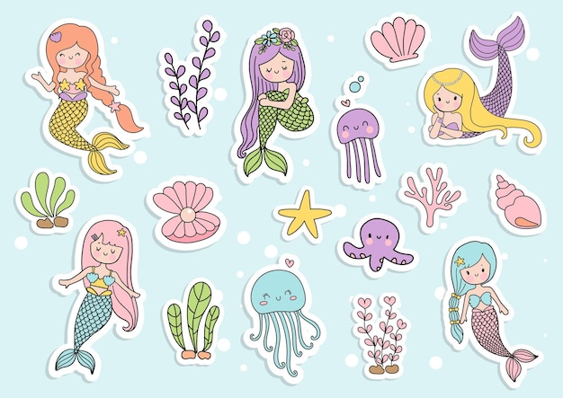 Vector mermaid sticker planner and scrapbook