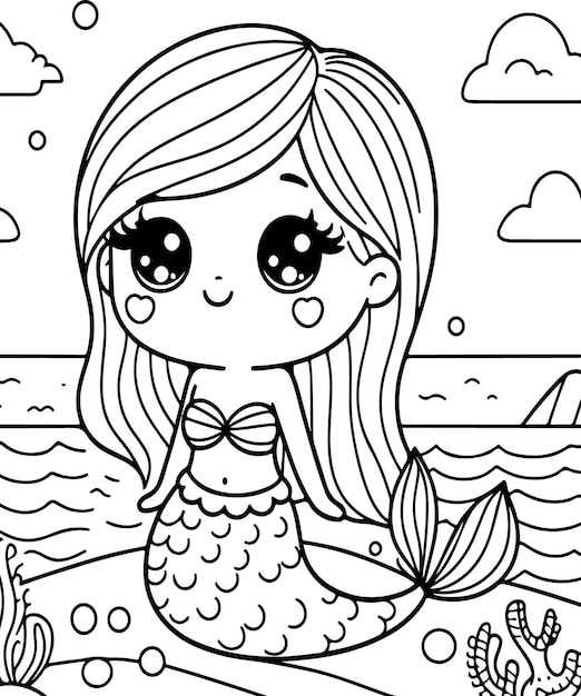 mermaid vector drawing black and white coloring page