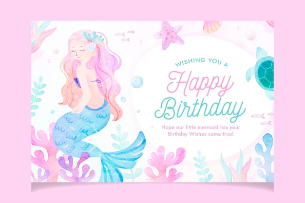 Mermaid Watercolor Cute Banner Birthday Invitation