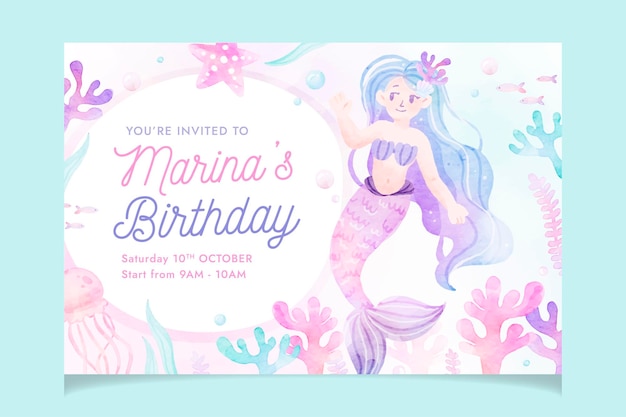 Vector mermaid watercolor cute banner birthday invitation