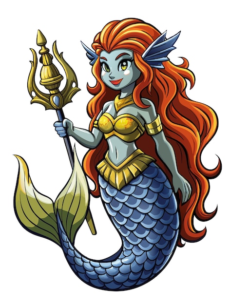 Vector a mermaid with a sword and a goldfish in her hand