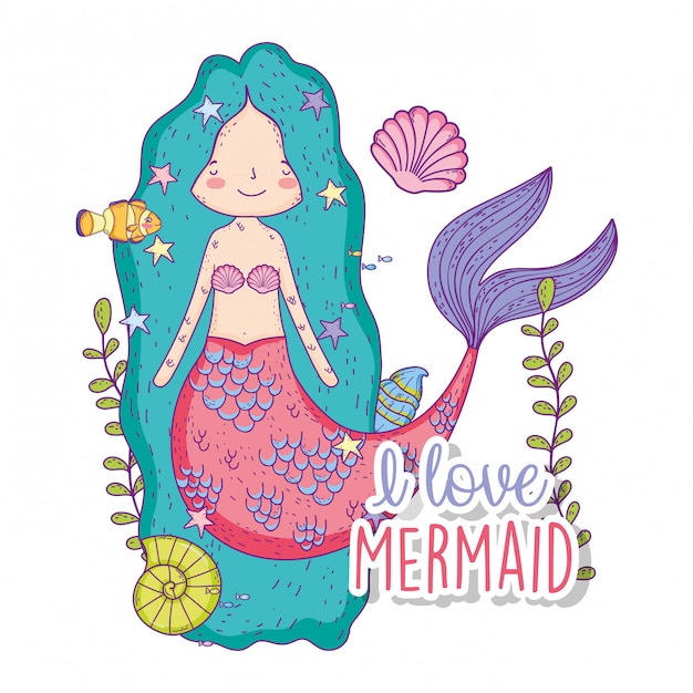 Mermaid woman with shells underwater with plants