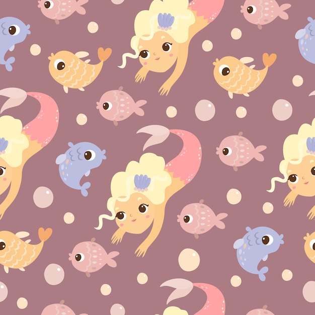 mermaids and fishes seamless pattern