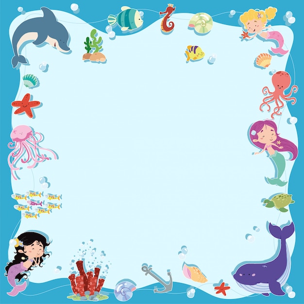 Mermaids frame and sea background