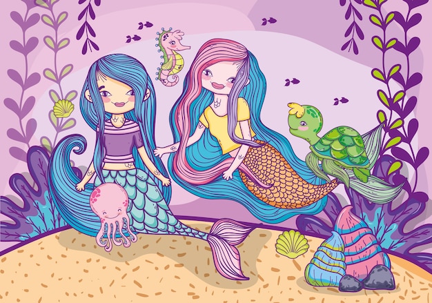 Mermaids friends under water with animals