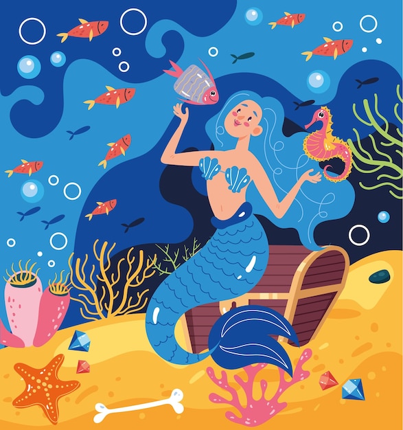 Mermaids woman girl character on ocean sea bottom composition concept flat graphic design