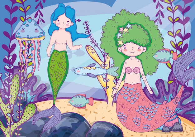 Mermaids woman and man underwater with plants leaves