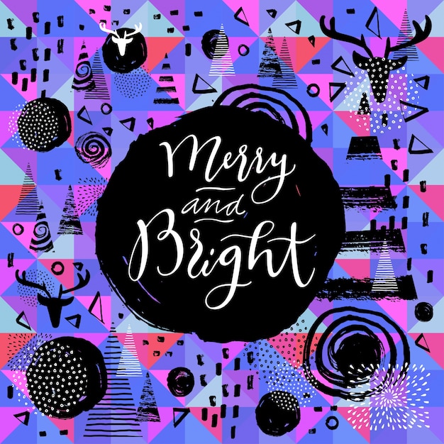 Merry And Bright hand drawn calligraphic greeting card