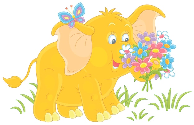 Merry butterfly and a cute little elephant with a beautiful bouquet of colorful summer flowers