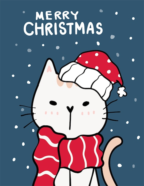 Merry catmas, Christmas greeting card, Cute naughty cat with santa red hat, snowfalling in deep blue background