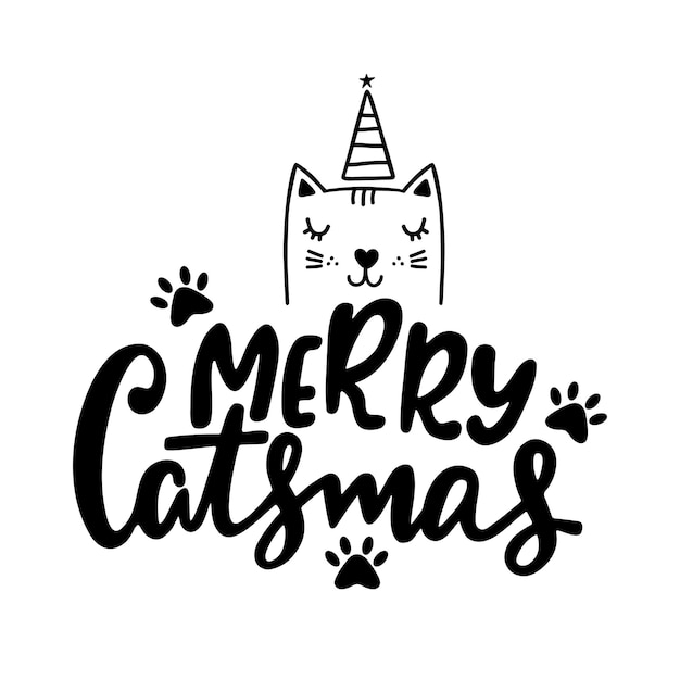 Merry Catsmas lettering calligraphy with cat face. Christmas funny vector illustration.