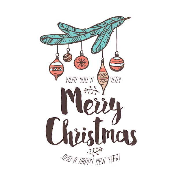 Merry Chridtmas and Happy New Year linear emblem with typography, text and calligraphy. Festive doodle