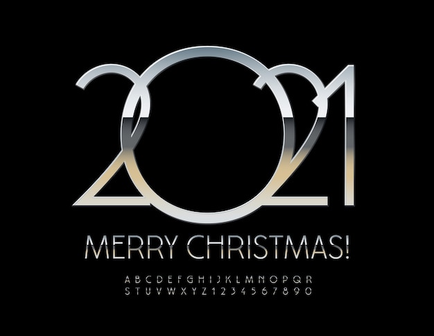 Merry Christmas 2021. Elegant Silver Font. Glossy Alphabet letters and Numbers