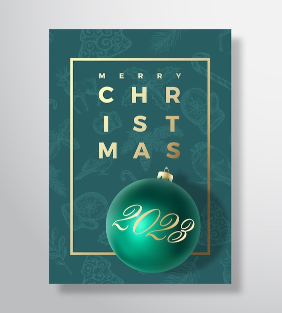 Merry Christmas Abstract Vector Greeting Card Poster or Holiday Background Classy Green and Gold Colors Glitter and Modern Typography Xmas Ball with Soft Shadows and Sketch Pattern Isolated