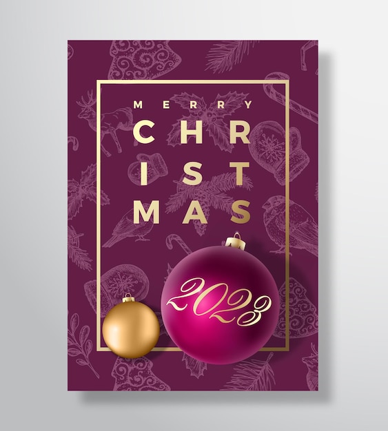 Merry Christmas Abstract Vector Greeting Card Poster or Holiday Background Classy Purple and Gold Colors Glitter and Modern Typography Xmas Balls with Soft Shadows and Sketch Pattern Isolated